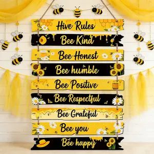 9pcs Bee Decor Sign Hive Rules Decorations Plaque Spring Wall Decor Wooden Decor Daisy Honey Bee Sign 11.8" for Home Spring Daisy Sunflower Decorations for Living Room Office Kitchen Rectangle Design