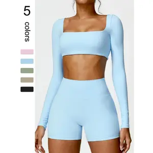 Women's Solid Long Sleeve Skinny Crop Top & High Waist Shorts Tracksuit Set, Sporty Breathable Comfy Outfits for Yoga Gym Workout Running, Ladies Sportswear for All Seasons