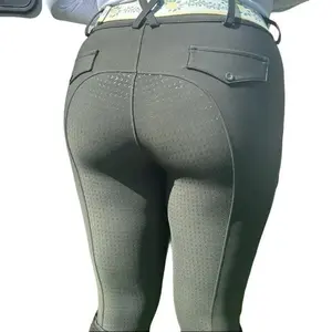 CM Equestrian Army Green Button Up Breeches Full Bottomed Pants with CM Equestrian Pocket & Belt for Comfortable Equestrian Activities