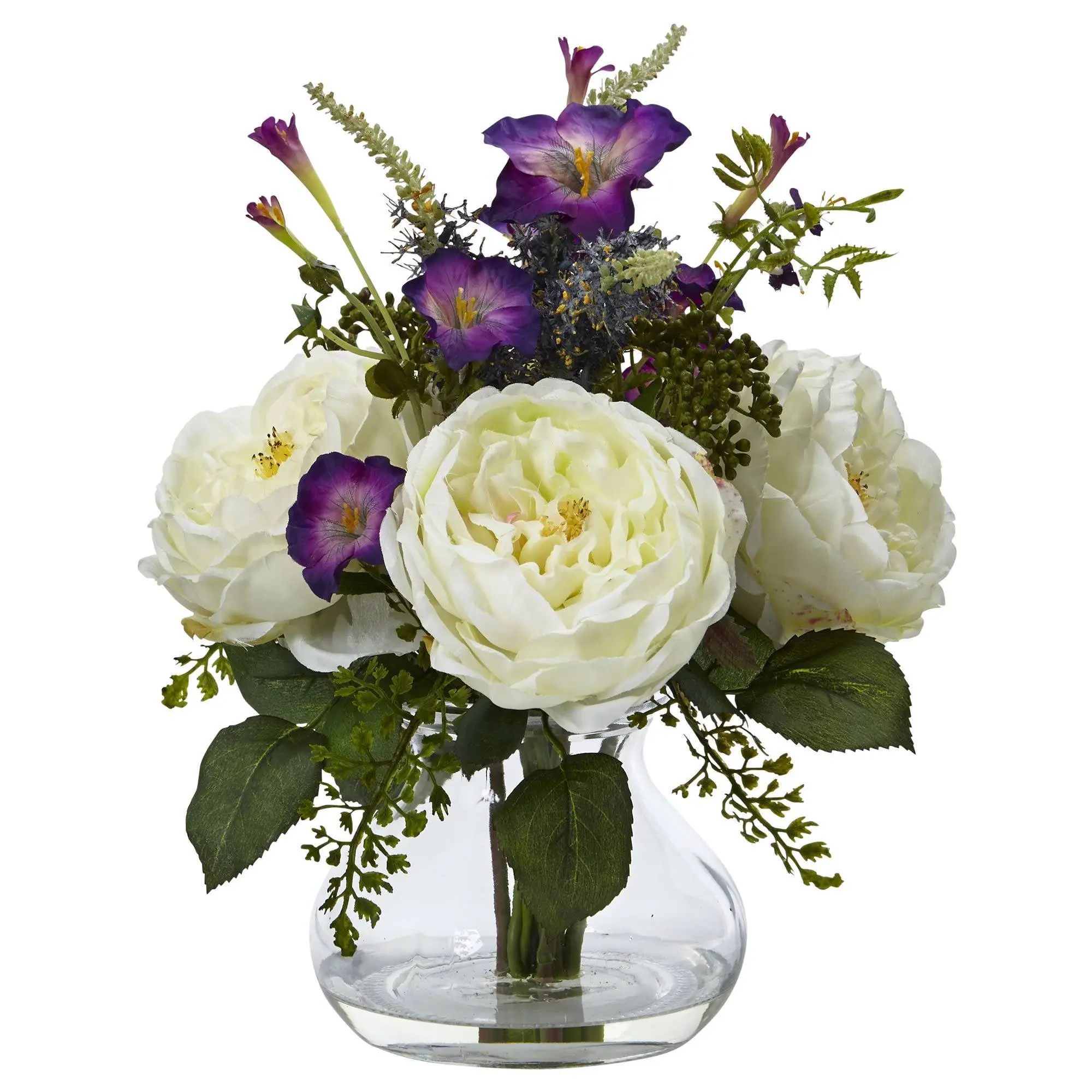 Decorative Artificial Flower Arrangement with Vase - Faux Rose and Morning Glory Mixed Blooms, Always-Fresh Look, Rich Purple Hues, Home Decor, Housewarming Gift for Home Supplies
