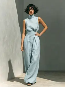 D4095 Refined Linen Two-Piece for Women, Solid High Neck Design, Sleeveless Top & Wide Leg Trousers, Elegant Old Money Vibe
