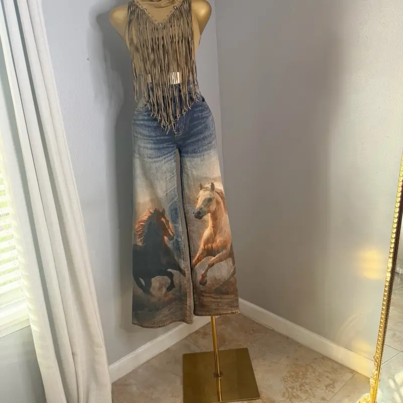Women's Horse print High-Rise Stretch Denim Wide-Leg Jeans, Flattering Silhouette Design