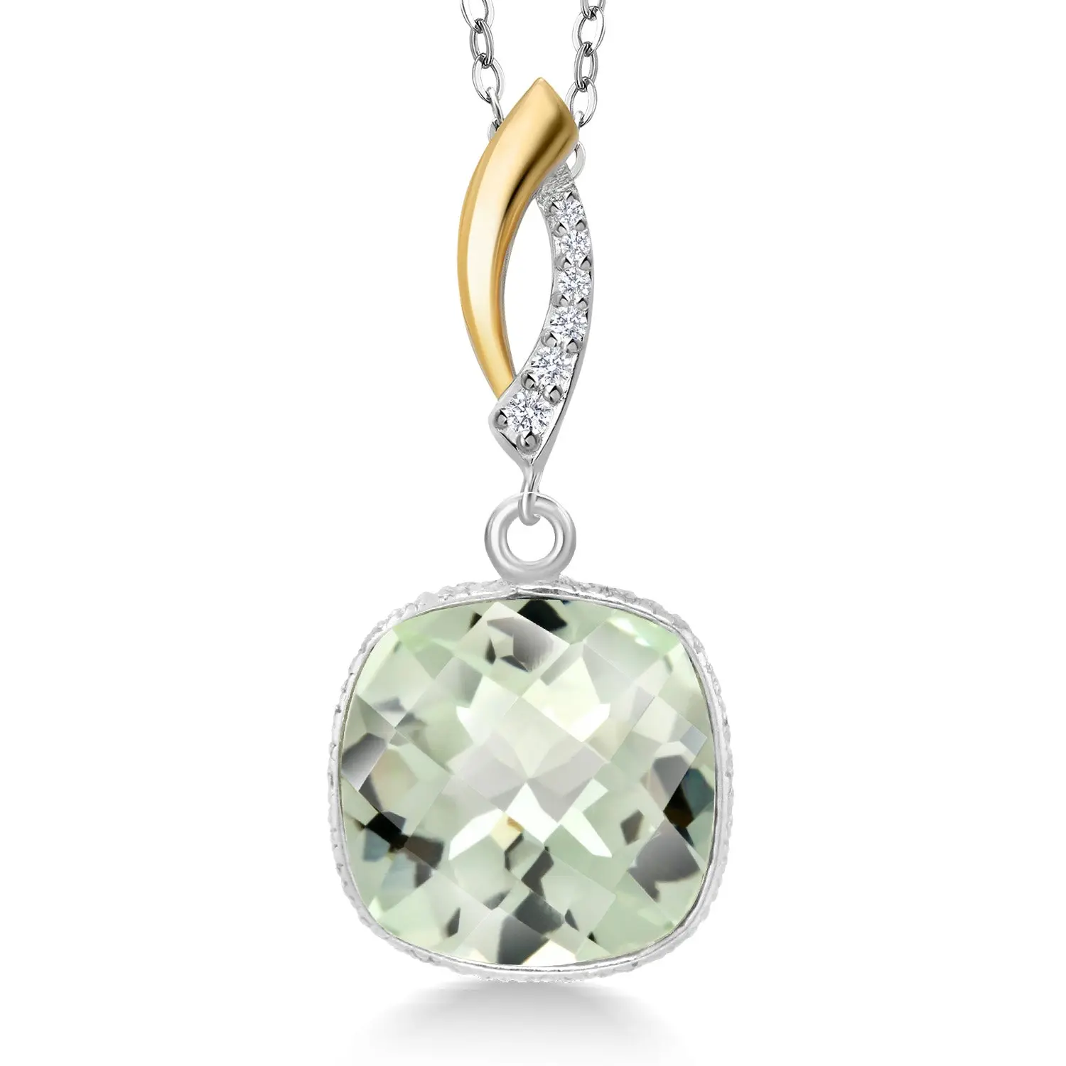 Gem Stone King 6.55 Cttw Green Prasiolite and Lab Grown Diamond Pendant Necklace for Women | 925 Silver and 10K Yellow Gold | Gemstone Birthstone | Cushion 12MM | With 18 Inch Silver Chain