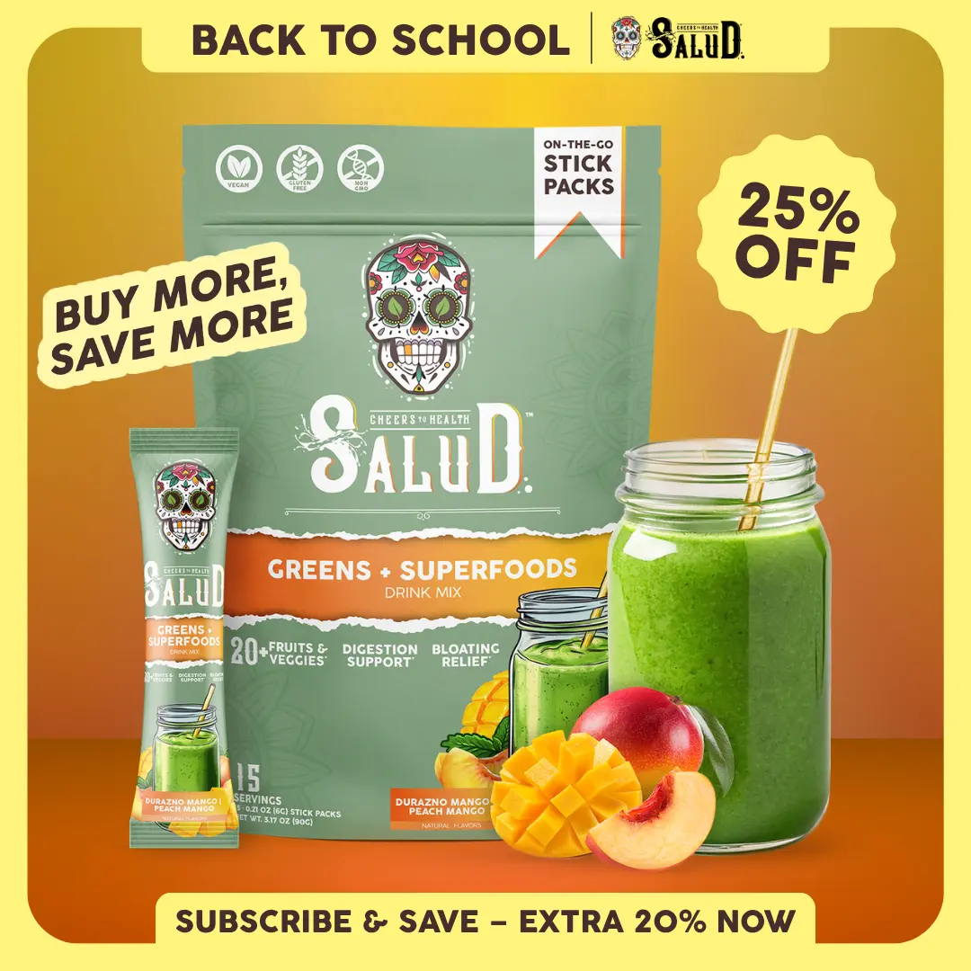 Salud 2-in-1 [Greens + Superfoods - Peach Mango] Daily Greens Drink Mix, Agua Fresca, Gut Health & Bloating Support, Probiotics & Prebiotics, Vegan, Non-GMO, Easy-to-Drink Greens Powder (15 Servings)