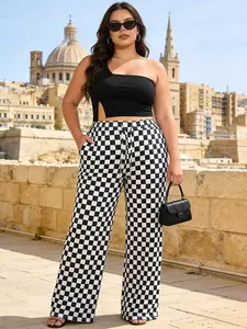 Plus Size High Waist Plaid Wide Leg Pants, Fashion Street Style, Designed for Curvy Women, Perfect for Travel, Home, Daily Wear
