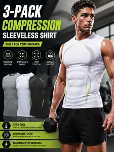 Men's Professional Compression Sleeveless T-Shirt 3-Pack — Gym Training Tank Top, Slim-Fit Stretch Textured T-Shirt, Ideal for Running and Basketball (Black, White, Gray)