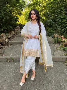 Byzari Ava Adult White Organza Shirt with Gold Lacework & Cotton Tulip Shalwar Ensemble for Comfortable Wear