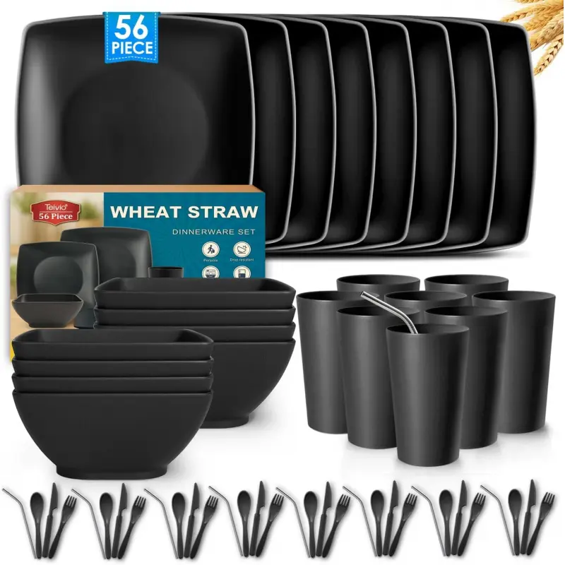 8-Person 56-Piece Wheat Straw Square Plastic Tableware Set with Flatware & Cutlery, Unbreakable Dinner Plates, Snack Bowls, 13.5 oz Tumblers, Dishwasher Safe, Black
