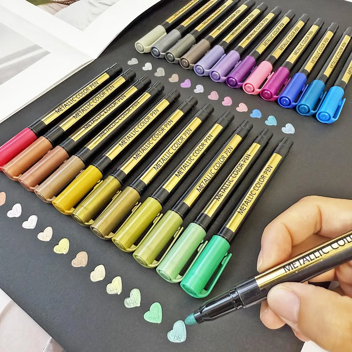 Metallic Paint Marker Pen, 12/24pcs Shimmer Glitter Marker Pen, Metallic Sparkle Pen, Art Supplies for Rock Painting, Black Paper, Scrapbook, Photo Album, DIY Supplies, Art Markers, Art Marker Pens