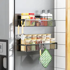 Aufworld Magnetic Spice Rack for Refrigerator 2 Pack, Fridge Magnet Organizer with Moveable 4 Hooks, Kitchen Storage Shelf