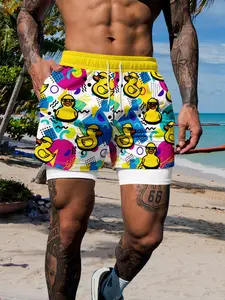 Men's Dual-Layer Quick-Dry Beach Shorts, Vintage Duck Memphis Geometric Print, Anti-Slip Inner Lining, Casual Fitted Drawstring Waist