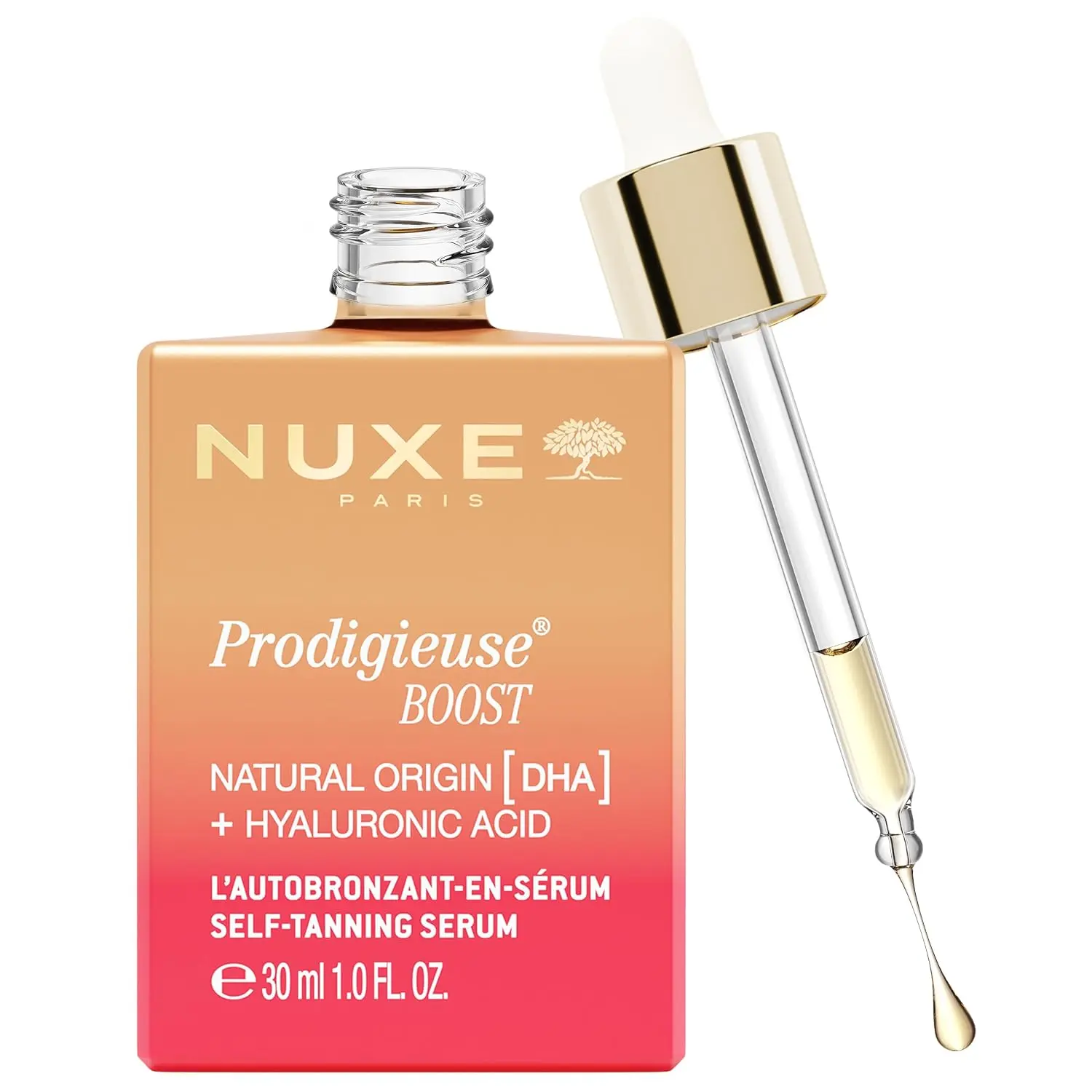NUXE Prodigieuse Boost Self-Tanning Face and Neck Serum with Hyaluronic Acid and 100% Natural DHA for a Gradual, Radiant Glow, 1.0 fl oz