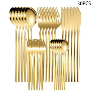 Mirror Polished 30pcs Stainless Steel Cutlery Set, Including Steak Knife, Fork, Spoon And Teaspoon, Dinner Fork, Dinner Spoon, Fruit Fork, Dessert Spoon, Coffee Spoon, Suitable For Family Restaurants, Hotels, Parties, Weddings, Copper Cutlery Set