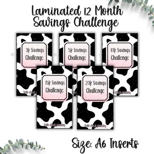 Cow print Laminated Savings Challenge Inserts: 3k-20k savings with clear envelopes. Low income and high income options.