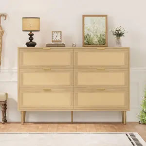 6 Drawer Rattan Dresser for Bedroom, Bohemian Chest of Dressers with Metal Legs, Sleek Wood Dresser with Ample Storage, Rattan Chest of Drawers for Living Room