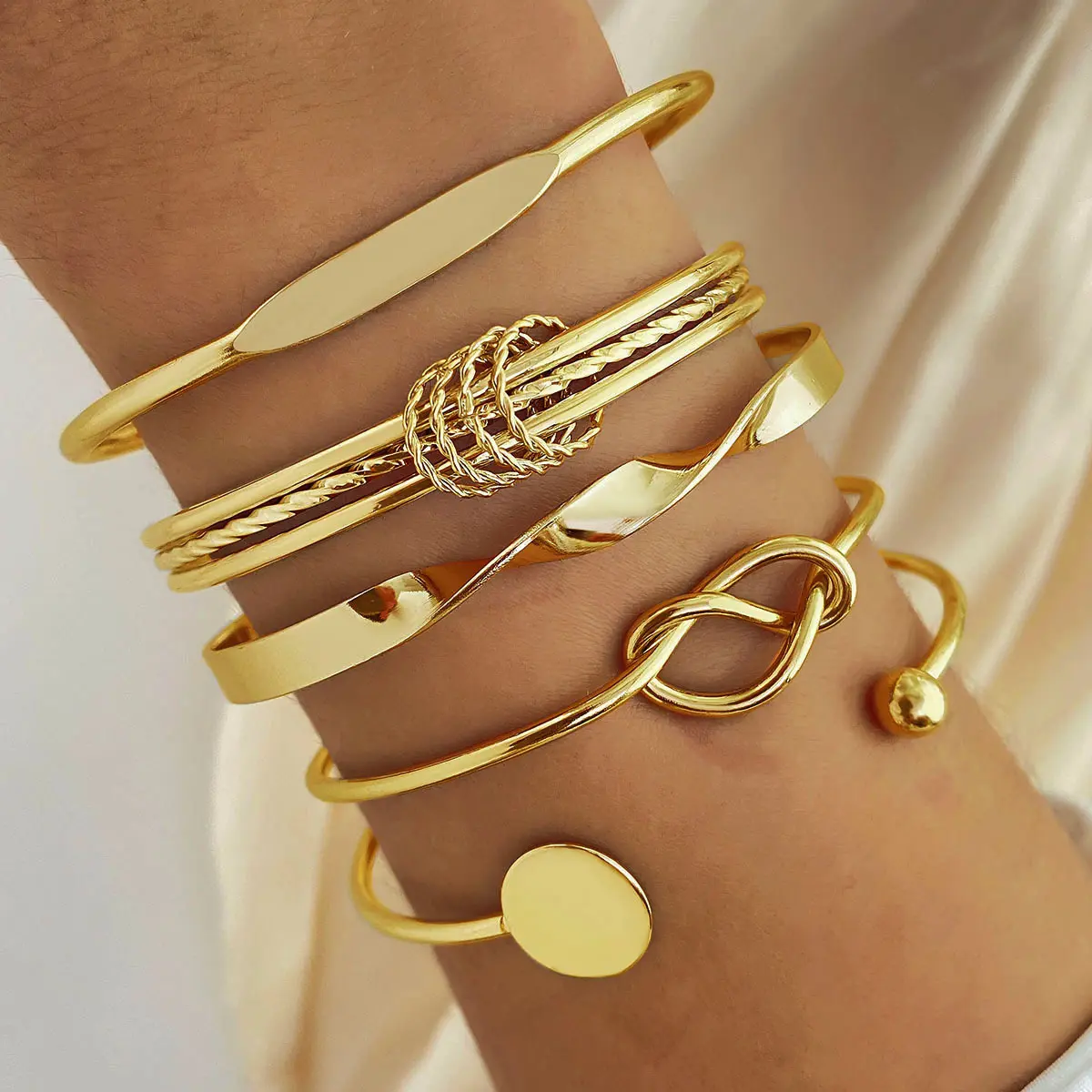 5 Piece Baroque Bracelet Stack for Women, Geometric Twisted Open Cuff Bangles, Glossy Metal Finish Jewelry - 20g