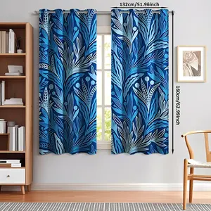 2-piece set of blue plant leaf floral patterns, made of semi transparent polyester fabric, suitable for living rooms, bedrooms, balconies, study rooms and other places, warm home curtains