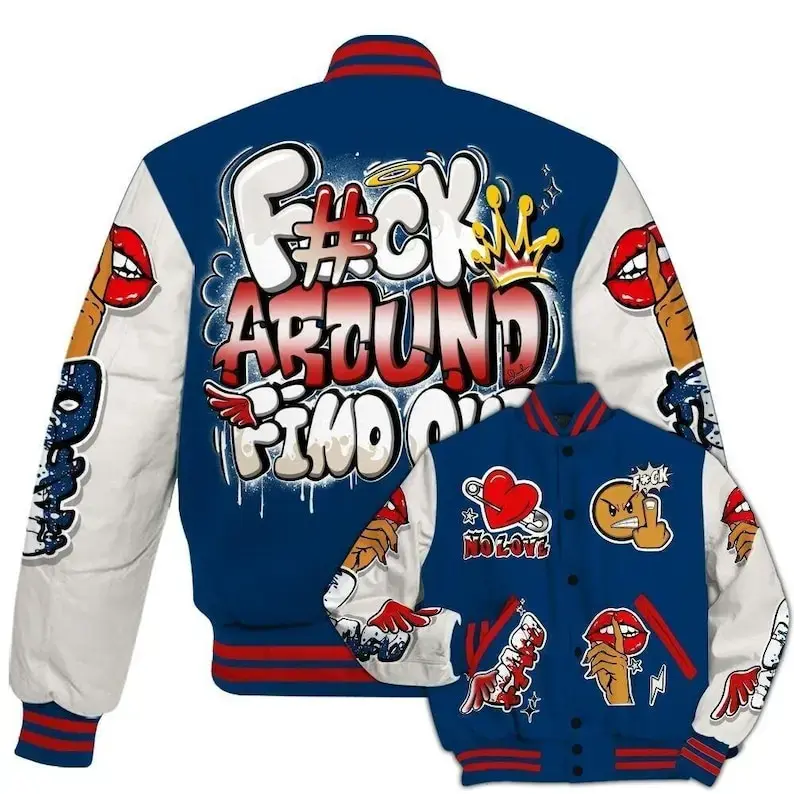 Dunkare Retro Rare Air 11s Varsity Jacket, FK Around Find Out All-Over Print Graphic Jacket, Baseball Jacket for Men and Women, Varsity Sport Style, Casual Wear