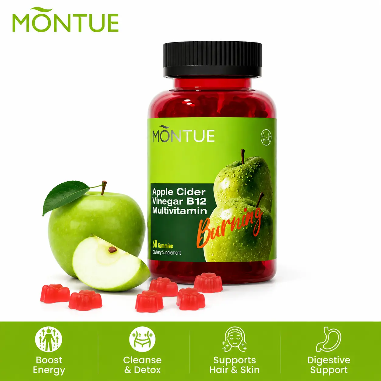 Montue Apple Cider Vinegar Gummies with Vitamin B12, ACV Gummy Supplement for Daily Wellness, Vegetarian Gummy Vitamins for Adults, Non-GMO, Easy to Chew, 30 Count,60 Count