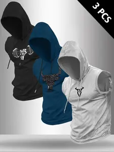 Men's Bull Head Print Tank Top & Hooded Vest & Tee, Regular Fit Casual Comfy Sleeveless Top for Summer, Men's Clothes for Outdoor Wear, Socks, Fitness Tank Top