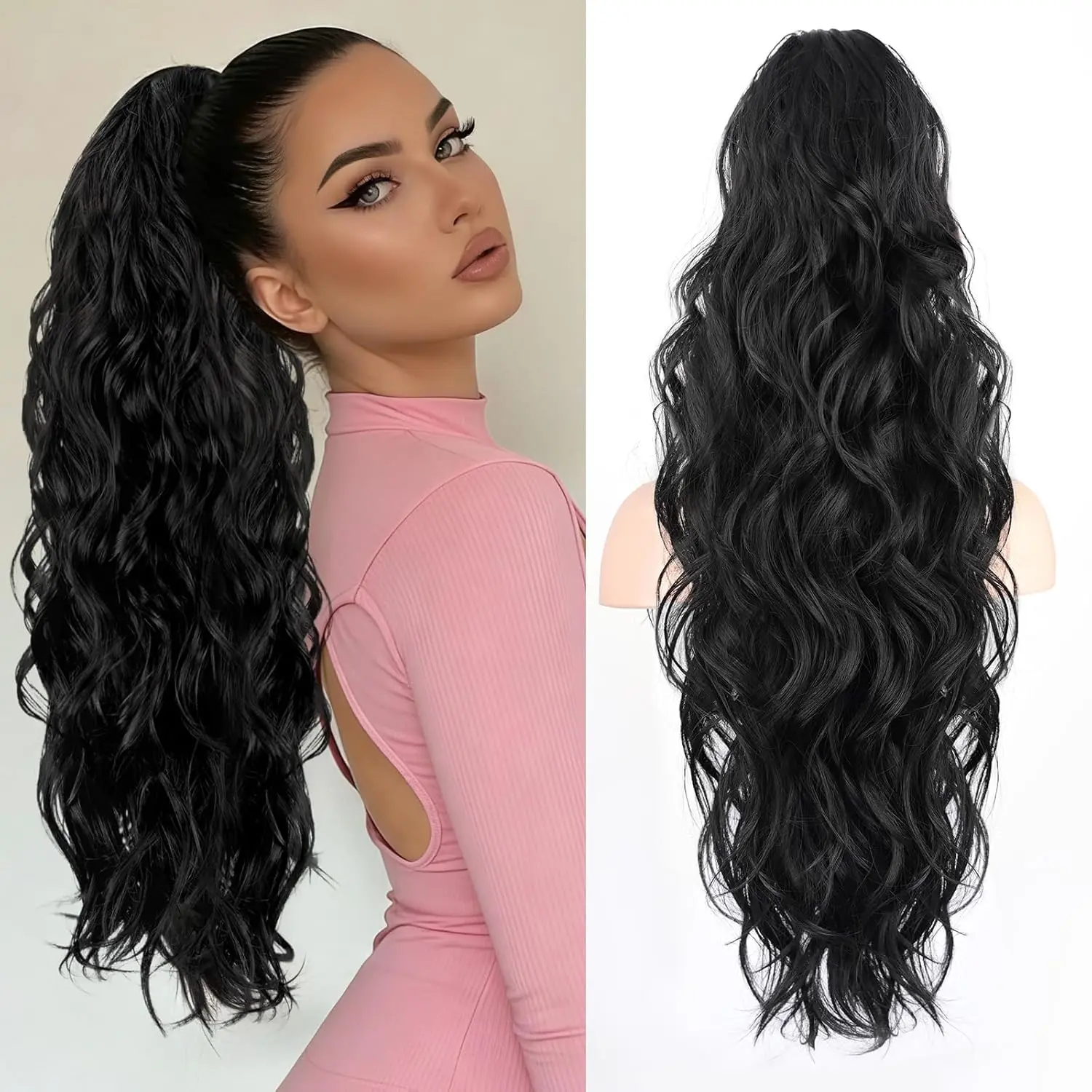 LRSICAL Ponytail Extension, Claw Clip Ponytail Extension Long Wave Ponytail Extensions for Women Fluffy Natural Synthetic 26 Inch Hairpiece for Daily Use