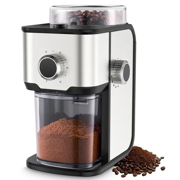Burr Coffee Grinder Electric, Automatic Ollygrin Coffee Bean Grinder with 17 Adjustable Settings, Burr Mill for Espresso, Removable Container, 2-12 Cup,metal silver