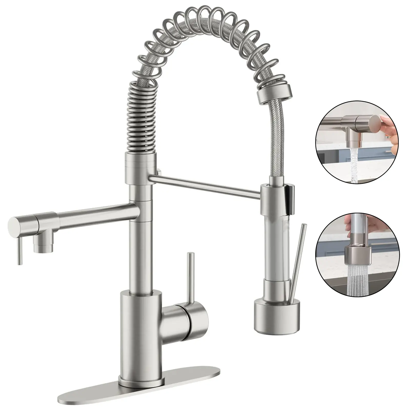 PHANCIR Dual Spout Kitchen Faucet with Pull Down Sprayer, Brushed Nickel Stainless Steel Commercial Sink Faucet with Pot Filler, Spring Kitchen Sink Single Handle Pull Out Sink Faucets with Deck Plate Suitable for 1 or 3 Holes