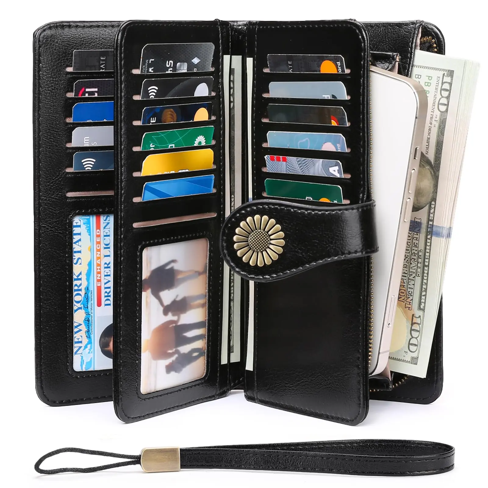 Women's Leather RFID Shielded Card Slots Wallet - Sturdy, Basic Chic, Plain Look, Large Capacity Wristlet Credit Card Holder, Rfid Shielded Wallet, Short Wallet