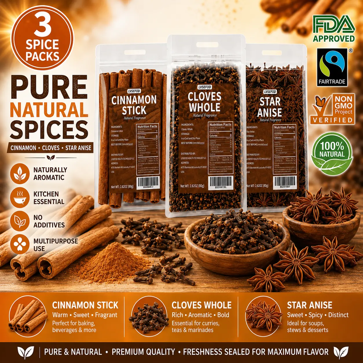 LVSEFOD 3-Pack Whole Spice Combo Set - 2.82oz Each (Total 8.46oz) - Cinnamon Sticks, Whole Cloves & Star Anise for Cooking, Baking, Tea (Cloves/Anise Included)