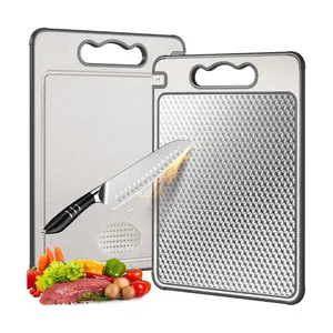 Double-Sided Reversible Cutting Board – Stainless Steel & Wheat Straw PP Chopping Board for Meat, Vegetables & Fruits, Non-Toxic, Scratch-Resistant, Dishwasher Safe, 14.4” × 9.8”, Grey
