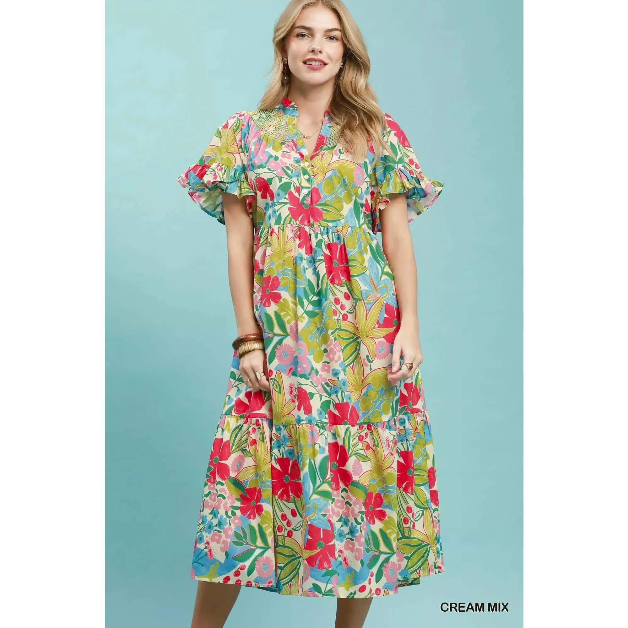 Umgee Tropical Floral Ruffle Sleeve Tiered Midi Dress