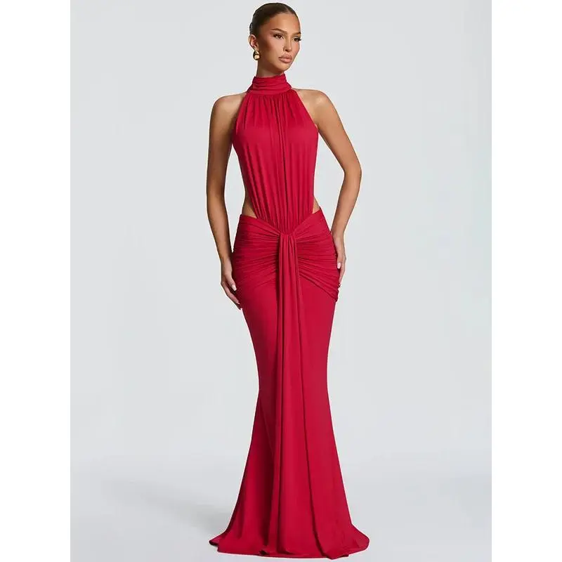 Mozision Turtleneck Backless Sexy Maxi Dress Women Gown Elegant  Off-shoulder Sleeveless Ruched Bodycon Club Party Long Dress - TikTok Shop