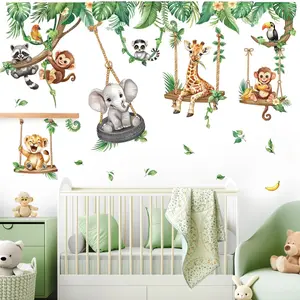 Cartoon Jungle Animal Wall Stickers, Wildlife Zoo Animals Elephant Giraffe Monkey Tropical Leaf Wall Decals, Bedroom Living Room Home Decor, Cute Wall Decor, Decorative Decal