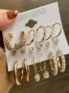 9 Pairs Luxury Pearl Earrings Set, Fashionable Earrings, Unique C-Shaped Studs, Vintage Style Multi-Layer Wide Ear Rings, Daily Wear Jewelry, Earring Stacks