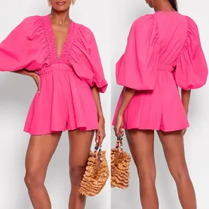 Women’s Summer Deep V-Neck Rompers, Solid Color/Plaid, Bubble Sleeves, Short Jumpsuits/Playsuits, Streetwear