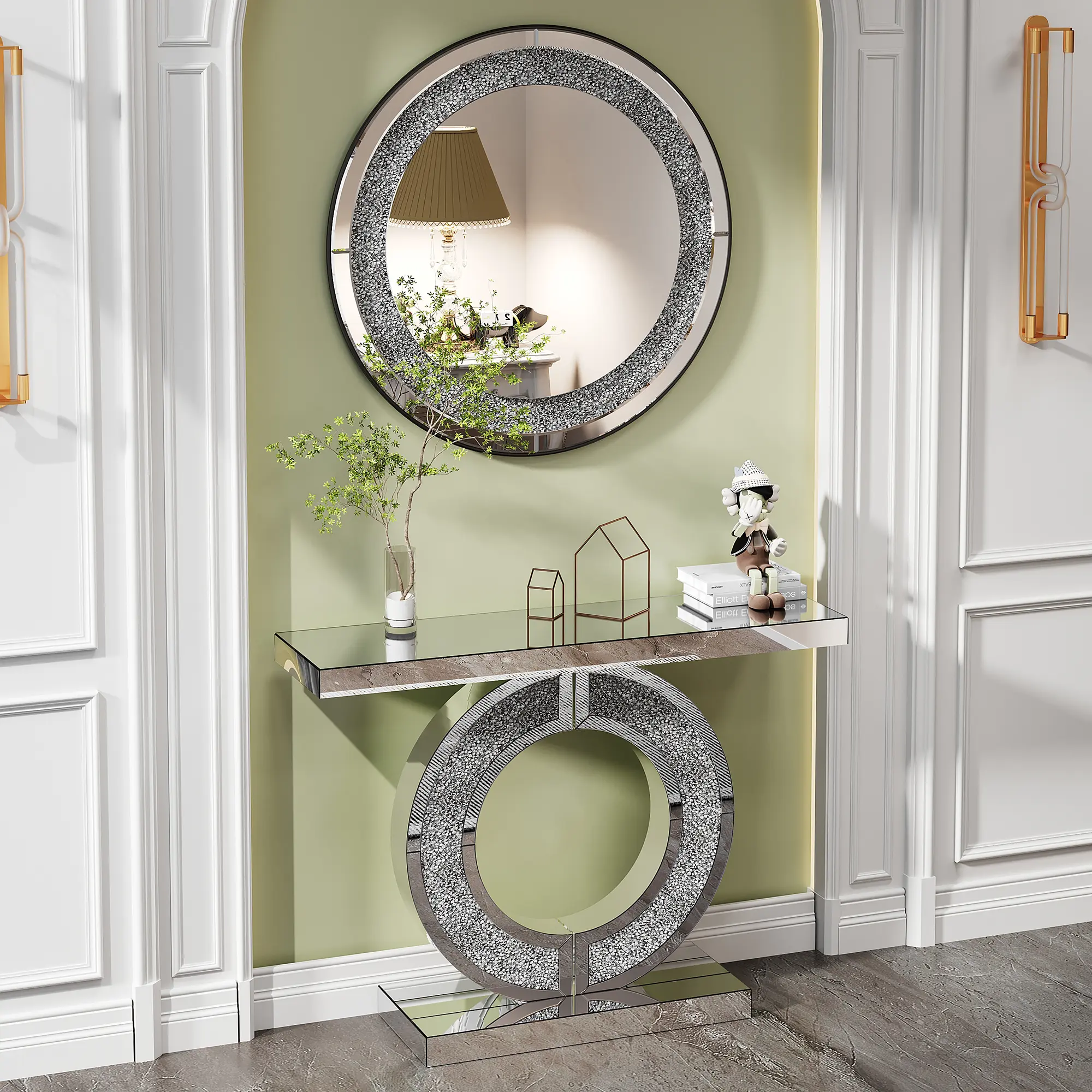 Mirrored Console Table with Round Crystal Wall Mirror Set, O Shape Silver Entryway Furniture with Crushed Diamond Accent, Glam Glass Hallway Table & Sparkly Decorative Mirror for Living Room, Bedroom, Bathroom, Foyer, Modern Luxury Home Decor