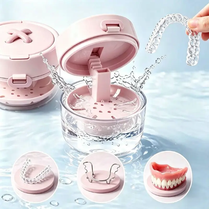 3-in-1 Retainer Cleanser Case Box - Home Organizer Storage Soak Container with Drain Tray, Mirror, and Brush for Travel Use, Cleansing