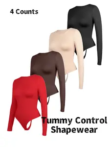 Women's Plain Solid Long Sleeve Crop Shapewear Bodysuit, Seamless Thong Design, Round Neck Tummy Control Compression Shapewear , All Season Comfortable Fit