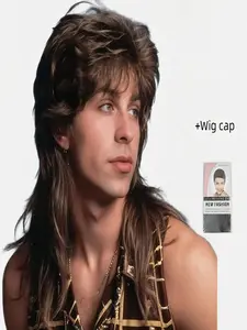 Men's Mullet Wig Punk Rock 80s Hairstyle, Deep Synthetic Fiber Wig with Cap, Perfect for Parties and Events