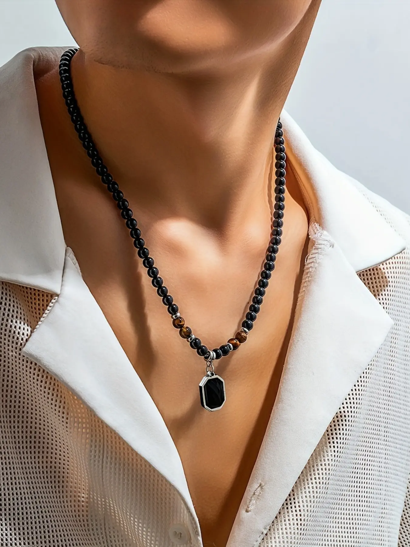 Men's Tiger Stone Beaded Necklace, Preppy Style Faux Pearl Chain, Unique Hip Hop Design, All Season Fashion Accessory, Acrylic Necklace, Exquisite Chain Jewelry