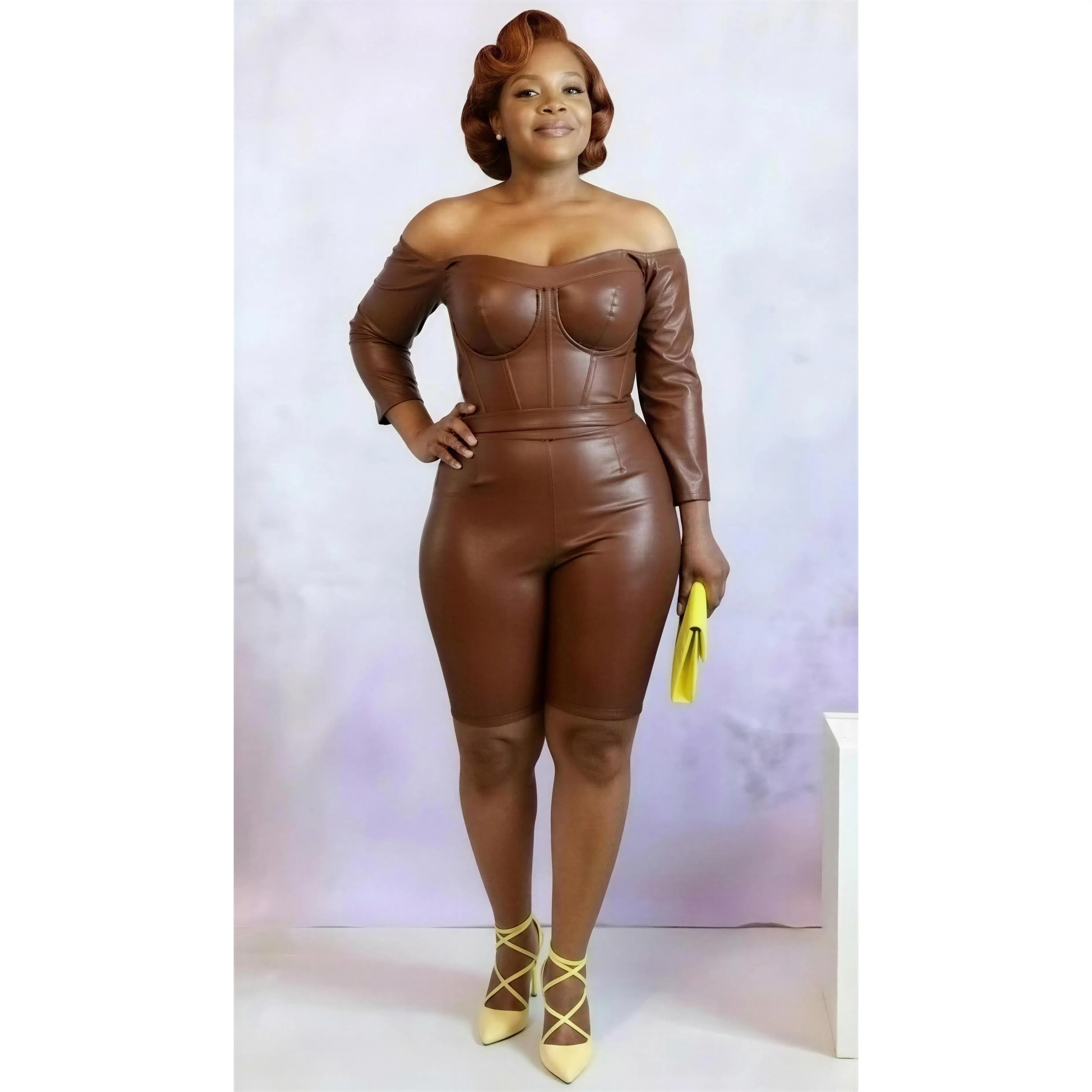 PU Leather Jumpsuit - Brown, Long Sleeve, Slim Fit, Zipper Closure, Comfortable Design for Women