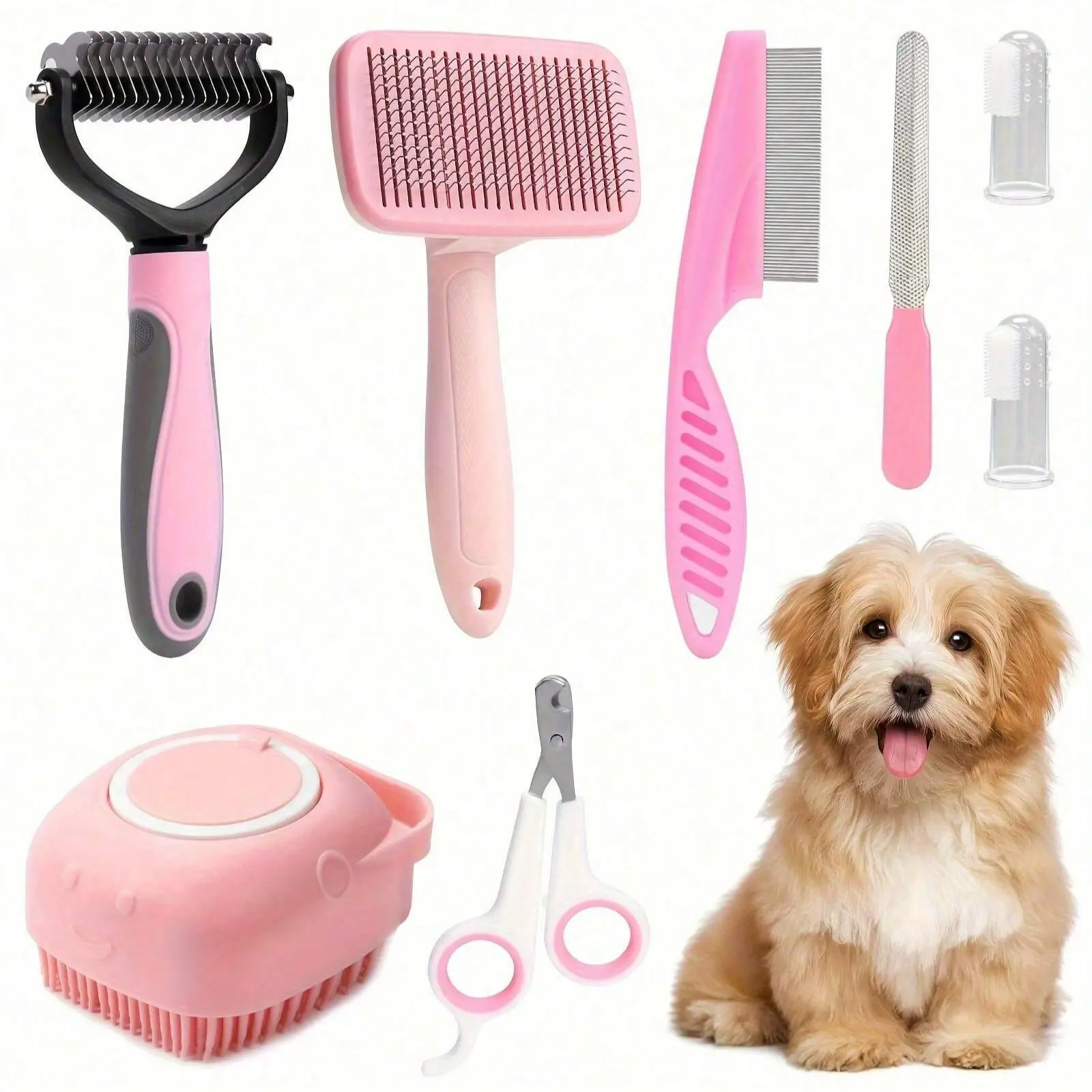 8-Piece Dog Grooming Supplies Kit - Multi-Piece Pet Self-Cleaning Tools with Nail Clippers & File, Flea Comb, Shampoo Brush, Reducing Shedding Brush, Dematting Comb, Silicone Safe Toothbrush, Silicone Parts for Pest-Free Care & Healthy Paws, Nail Trim + F