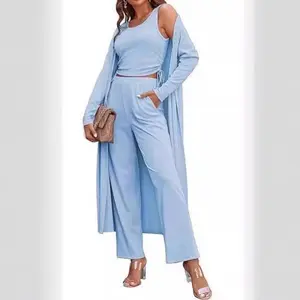 Women’s 3-Piece Knit Lounge Set Pajamas – Long-Sleeve Cardigan, Sleeveless Top, Pants Sweatsuit (Sizes S–XXL)