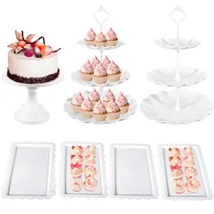 Versatile Multi-Tier Cupcake Stand Set Dessert Display Set 7Pcs Dessert Table Stand Set 2Pcs 3-Tier Plastic Cake Stands 1Pc Display Tower for Party Serving Tray and 4Pcs Dessert Tray for Wedding
