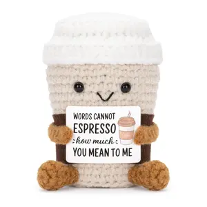 Positive Coffee Plush Doll Crochet Figure Funny Handmade Crochet Cup with Uplifting Card, Unique Gifts for Coffee Lovers Women Friends Birthday Graduation Soft Stuffed Doll