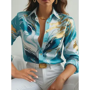 Chic Abstract Print Polyester Blend Button-Up Shirt - Elegant Women's Long Sleeves Collared Design - Machine Washable for Spring/Fall summer outfits Fitted Top
