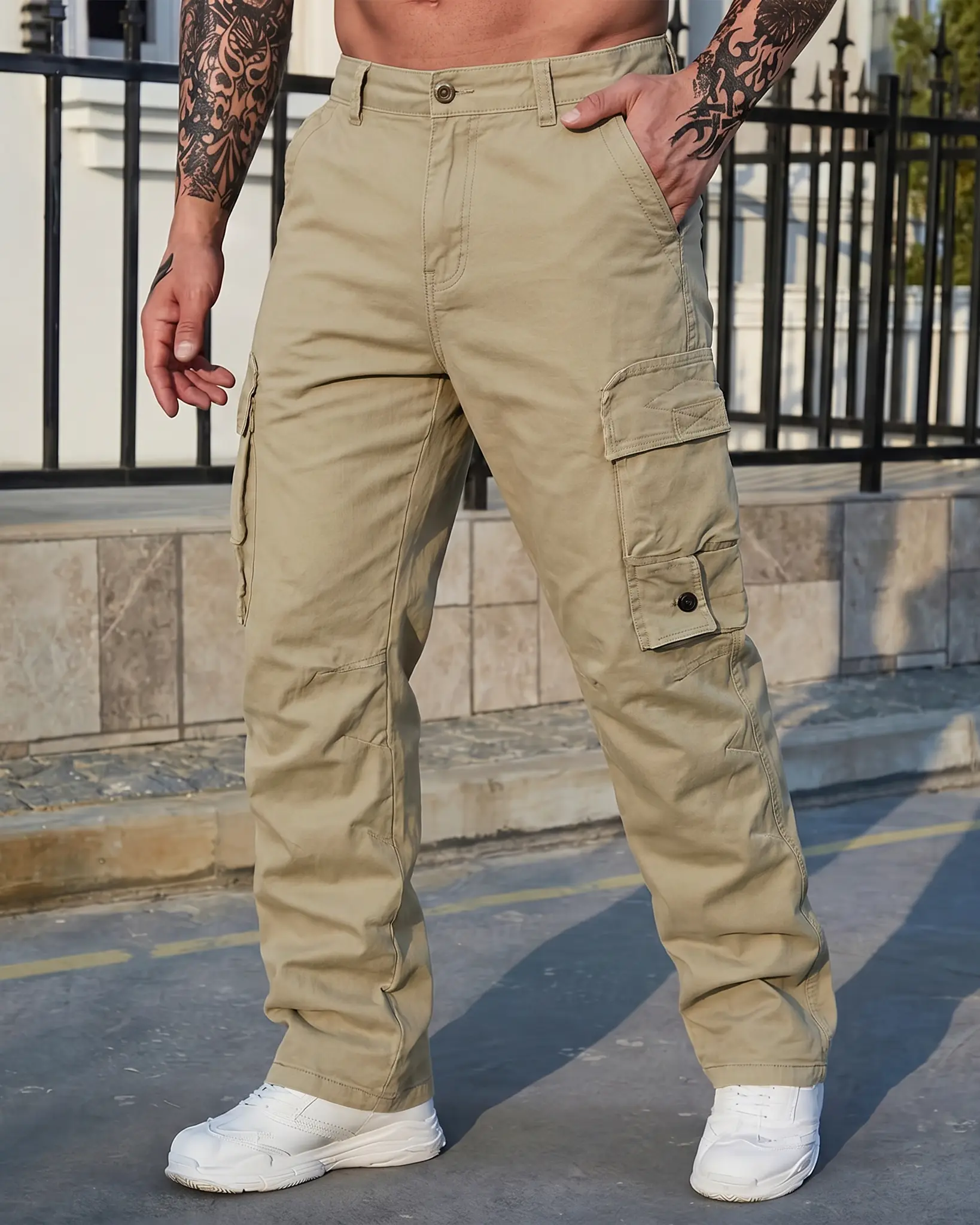 Utility Multi Pocket Straight Cargo Pants, Solid Button Closure Waist Loose Fit Trousers, Breathable Daily Wear For Camping & Working