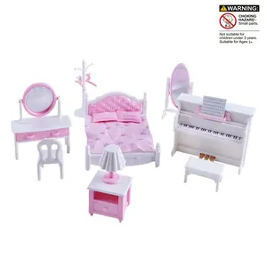 Kids Mini Bedroom Furniture Set Toy, Includes Doll Bed, Dressing Table, Lamp, Piano, Clothes Rack, Mirror, Educational Role Play Gift