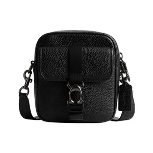 COACH Pebbled Leather Camera Bag with Logo Zip Closure – Mini Crossbody Shoulder Bag for Men, Black