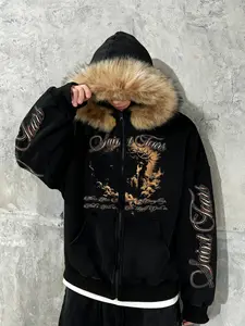 Unisex Y2K SaintTears with a print of Jesus wearing a crown of thorns Hooded Jacket, Fleece Lined, Zipper Design, Street Fashion, Warm and Stylish, Outdoor and Daily,Couple outfits, warm clothing, gothic style, Y2K style Wear